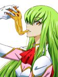  1girl ascot breasts c.c. cheese_trail code_geass eating food from_side gloves green_hair highres holding holding_food holding_pizza keeemu_(gouf2016) long_hair looking_at_viewer pizza pizza_slice red_ascot simple_background small_breasts solo white_background white_gloves yellow_eyes 