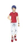  1boy blue_hair full_body hand_on_own_hip highres ichijou_shin king_of_prism king_of_prism:_shiny_seven_stars looking_at_viewer male_focus official_art open_mouth pants pretty_rhythm pretty_series red_eyes red_footwear red_shirt second-party_source shirt shoes short_hair short_sleeves simple_background smile sneakers solo standing tachi-e transparent_background watch watch white_pants 