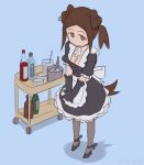 1girl alcohol apron brown_hair cleavage dog_ears dog_girl dog_tail dress earrings elbow_gloves female gloves hitsujigoods ice looking_at_viewer looking_up maid maid_apron ponytail simple_background smile solo vivi_(hitsujigoods)