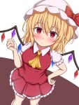  1girl :&lt; ascot blonde_hair blush bow brown_background closed_mouth collared_shirt commentary_request cowboy_shot crystal_wings eyes_visible_through_hair flandre_scarlet frilled_skirt frilled_sleeves frills hair_between_eyes hand_on_own_hip hand_up hat hat_bow highres looking_at_viewer medium_hair mob_cap partial_commentary puffy_short_sleeves puffy_sleeves red_bow red_eyes red_skirt red_vest rimasu71 shirt short_sleeves simple_background skirt solo split_mouth standing touhou vest white_background white_hat white_shirt wings yellow_ascot 