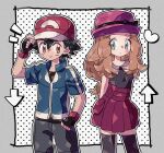  1boy 1girl arms_behind_back arrow_(symbol) ash_ketchum black_bow black_gloves black_hair black_shirt black_thighhighs blonde_hair blue_eyes blue_jacket bow brown_eyes commentary_request fingerless_gloves gloves grey_pants hair_between_eyes hat hat_bow heart highres jacket long_hair looking_at_viewer mgomurainu pants pleated_skirt pokemon pokemon_(anime) pokemon_xy_(anime) red_hat red_skirt serena_(pokemon) shirt short_hair short_sleeves skirt smile thigh-highs 