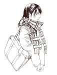  1girl bag coat from_side highres kakoutaka long_hair looking_to_the_side monochrome original own_hands_together plaid plaid_scarf profile scarf shoulder_bag simple_background sketch solo upper_body 