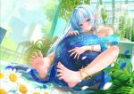  1girl anklet barefoot blue_eyes blue_hair blush cage elf feet highres jewelry long_hair looking_at_viewer original ping9137 plant pointy_ears smile soles spread_toes tagme toenails toes 