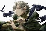  1boy animal bags_under_eyes bird black_bird black_eyes black_feathers crow dungeon_meshi elf feathers floating_hair gorget green_shirt grey_hair hands_up highres koke_uzm lazy_eye long_sleeves looking_to_the_side male_focus mithrun notched_ear pointy_ears shirt short_hair simple_background solo tunic uneven_eyes upper_body wavy_hair white_background 
