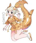  blonde_hair blush brown_eyes collarbone fins fish_girl fish_tail gold_belt gold_footwear hair_between_eyes head_fins inu_(user_arjr4358) japanese_clothes kemono_friends kemono_friends_3 kimono kinshachi_(kemono_friends) looking_at_viewer multicolored_hair open_mouth sandals scales short_hair sidelocks smile socks tail translation_request white_hair white_socks yellow_kimono 