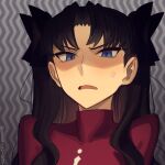  1girl angry black_bow black_hair blue_eyes boa_(brianoa) bow commentary english_commentary fate/stay_night fate_(series) hair_bow highres long_hair looking_at_viewer open_mouth parted_bangs red_shirt shaded_face shirt solo striped_background sweat tohsaka_rin twitter_username two_side_up upper_body 