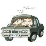  2boys anger_vein blonde_hair brothers chevrolet_impala dean_winchester driving eye_contact green_eyes highres holding holding_map japtangtang2 korean_text license_plate looking_at_another male_focus map mole mole_on_nose multiple_boys sam_winchester short_hair siblings simple_background steering_wheel supernatural_(tv_series) translated upper_body white_background 