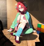  1girl absurdres asymmetrical_legwear black_skirt blue_eyes blue_leg_warmers blush green_eyes hair_between_eyes highres indie_virtual_youtuber indoors jacket long_sleeves mismatched_legwear parted_lips pink_leg_warmers pleated_skirt raggy_chiffon raggy_chiffon_(artist) redhead rubik&#039;s_cube shadow short_hair sitting skirt smile solo tape_measure virtual_youtuber x_x 