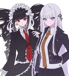  2girls black_gloves black_hair black_jacket black_ribbon blunt_bangs brown_necktie celestia_ludenberg center_frills collared_shirt cowboy_shot danganronpa:_trigger_happy_havoc danganronpa_(series) earrings frilled_skirt frills gloves grey_hair grey_shirt hair_ribbon highres jacket jewelry kirigiri_kyoko layered_skirt long_hair long_sleeves multiple_girls necktie open_clothes open_jacket pink_eyes pleated_skirt pote_(pote_39) red_eyes red_necktie ribbon shirt simple_background skirt twintails white_background 