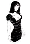  1girl bad_id bad_pixiv_id black_dress black_hair black_nails breasts closed_mouth collarbone dende_(dndn222) dress greyscale head_tilt highres large_breasts looking_at_viewer medium_hair monochrome original scan scan_artifacts shirt solo standing thighs traditional_media 