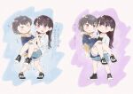 &gt;_&lt; 2girls @_@ absurdres bandaid bandaid_on_knee bandaid_on_leg bang_dream! bang_dream!_it&#039;s_mygo!!!!! black_footwear black_shirt blue_background blue_hoodie blue_shorts blue_skirt blush brown_hair carrying closed_mouth commentary denim denim_skirt drawstring flying_sweatdrops full_body grey_hair hand_on_another&#039;s_back hand_on_another&#039;s_thigh highres hood hoodie long_hair long_sleeves looking_at_another mole mole_under_eye multiple_girls open_clothes open_mouth open_shirt painting_(medium) parted_lips princess_carry purple_background raito_taisha red_eyes shiina_taki shirt shoes short_hair shorts skirt smile sneakers takamatsu_tomori traditional_media translation_request trembling two-tone_hoodie violet_eyes watercolor_(medium) white_background white_shirt yellow_hoodie yuri 