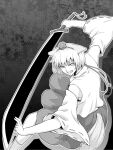  1girl animal_ears commentary_request detached_sleeves greyscale hat highres holding holding_sword holding_weapon inubashiri_momiji kakone monochrome ribbon-trimmed_sleeves ribbon_trim shirt short_hair skirt solo sword tail tokin_hat touhou weapon wolf_ears wolf_girl wolf_tail 