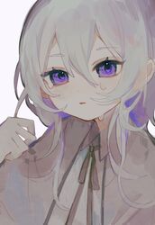  1girl absurdres blush brown_capelet capelet commentary hair_between_eyes hand_up highres long_hair looking_at_viewer original parted_lips portrait sidelocks simple_background slept_sui solo tears violet_eyes white_background white_hair 