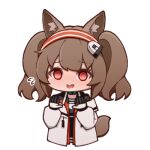  1girl @_@ angelina_(arknights) animal_ear_fluff animal_ears arknights black_gloves black_shirt blush brown_hair chibi cropped_torso flying_sweatdrops gloves grey_jacket hairband hands_up jacket long_sleeves lowres lxjun_09 nervous_smile nose_blush open_clothes open_jacket puffy_long_sleeves puffy_sleeves red_eyes red_hairband shirt simple_background smile solo striped_clothes striped_hairband tail twintails upper_body white_background 