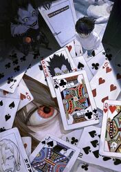  3boys absurdres apple bare_shoulders belt black_belt black_footwear black_hair black_pants black_shirt blue_pants brown_hair card chinese_commentary collarbone commentary_request crazy_grin death_note denim english_text food from_above fruit full_body highres holding holding_food holding_fruit jeans joker_(playing_card) king_(playing_card) king_of_clubs l_(death_note) long_sleeves lying male_focus messy_hair multiple_boys on_back opening_door pants playing_card queen_(playing_card) queen_of_hearts_(playing_card) red_eyes ryuk shirt shoes short_hair standing tile_floor tiles vonlight white_shirt wide-eyed yagami_light 