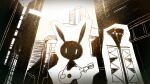  animal_focus banner cityscape commentary_request greyscale looking_at_viewer monochrome no_humans no_mouth playing_guitar rabbit rella solid_oval_eyes vib-ribbon vibri_(vib-ribbon) white_eyes 
