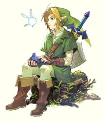  1boy belt blonde_hair blue_eyes boots brown_footwear brown_gloves commentary_request fairy fingerless_gloves full_body gloves green_hat green_tunic hat holding holding_instrument instrument link looking_at_another male_focus master_sword navi newo_(shinra-p) ocarina pantyhose parted_lips plant pointy_ears shield shield_on_back simple_background sitting sword sword_on_back the_legend_of_zelda the_legend_of_zelda:_ocarina_of_time tree_stump tunic weapon weapon_on_back white_pantyhose yellow_background 