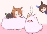  ._. 2girls admire_vega_(umamusume) ahoge animal animal_ears animalization bandaid bandaid_on_cheek bandaid_on_face biwa_hayahide_(umamusume) black_cat black_shirt blue_eyes blush blush_stickers brown_hair cat chibi glasses gomashio_(goma_feet) hair_between_eyes hair_ornament hairclip horse_ears jitome multiple_girls narita_taishin_(umamusume) parted_bangs peeking_out pink_background pink_eyes red-framed_eyewear red_shirt semi-rimless_eyewear shirt translation_request umamusume under-rim_eyewear winning_ticket_(umamusume) 