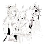  3girls a_deer_of_nine_colors animal_ears antlers arknights breasts closed_eyes closed_mouth deer_antlers deer_ears deer_girl dragon_girl dragon_horns dragon_tail dusk_(arknights) earrings greyscale hair_over_one_eye highres holding holding_sword holding_weapon horns jewelry ling_(arknights) long_hair maiqo monochrome multiple_girls necklace necktie nine-colored_deer parted_lips pointy_ears simple_background sword tail tail_wrap twitter_username weapon wide_sleeves yuri 