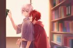  2boys ahoge blurry blurry_background book bookshelf bracelet brothers commentary_request from_side head_on_another&#039;s_shoulder hood hoodie hug hug_from_behind idolish7 ima_(luce365) jacket jewelry kujou_tenn looking_at_another male_focus multiple_boys nanase_riku open_mouth pink_eyes pink_hair plaid_clothes plaid_jacket purple_jacket red_eyes red_hoodie redhead shirt siblings smile upper_body white_shirt window 
