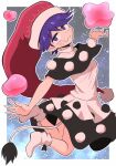  1girl :3 blush border cow_tail doremy_sweet dress hat highres kurachi_mizuki looking_at_viewer nightcap outstretched_arms pom_pom_(clothes) purple_hair red_hat short_hair socks solo tail touhou violet_eyes white_border white_dress white_socks 