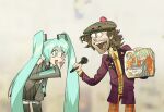  1boy 1girl aqua_eyes aqua_hair aqua_necktie beard black_skirt black_thighhighs blush brown_hair collared_shirt detached_sleeves domino&#039;s_pizza english_commentary facial_hair glasses green_hat grey_shirt hair_ornament hatsune_miku highres holding holding_microphone jacket long_hair long_sleeves looking_at_another medium_hair messy_hair microphone nardwuar necktie open_mouth orange_necktie pants pizza_box plaid plaid_pants pleated_skirt purple_jacket real_life robert_gilliam shirt skirt teeth thigh-highs toon_(style) twintails upper_teeth_only vocaloid yellow_shirt 