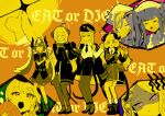  6+girls ahoge akari_(blue_archive) belt black_hair black_hat black_horns bling-bang-bang-born_(creepy_nuts) blue_archive boots braid closed_eyes closed_mouth coat coat_on_shoulders crying demon_horns food fuuka_(blue_archive) haruna_(blue_archive) hat head_scarf hina_(blue_archive) holding holding_food horns izumi_(blue_archive) junko_(blue_archive) juri_(blue_archive) long_hair long_sleeves multiple_girls multiple_views necktie open_clothes open_coat open_mouth pantyhose peaked_cap pointy_ears red_eyes shaded_face short_sleeves side_braid skirt smile socks spot_color taiyaki twintails violet_eyes wagashi yucblossom 