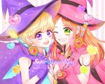  2girls cape chocolat_meilleure dress english_commentary gloves green_eyes hat heart heart_pendant heart_wand highres holding holding_wand long_hair looking_at_viewer multiple_girls muyari_art orange_hair pink_cape pink_gloves pink_hat purple_cape purple_gloves purple_hat short_hair smile strapless strapless_dress sugar_sugar_rune upper_body vanilla_mieux violet_eyes wand witch_hat 