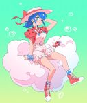  1girl blue_background blue_eyes blue_hair bracelet bug closed_mouth clouds earrings hat hat_ribbon highres jewelry ladybug maplebellll marinette_dupain-cheng miraculous_ladybug pants red_footwear red_ribbon red_shirt ribbon shirt sitting smile tikki white_hat white_pants 