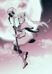  1girl absurdres clouds earrings elf floating frieren full_body full_moon highres holding holding_staff jewelry karasuma_yayoi long_hair looking_at_viewer mage_staff monochrome moon night parted_lips pointy_ears sky solo sousou_no_frieren staff twintails 