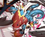  armor battle blue_skin blue_tail blurry blurry_background broken_armor colored_skin digimon digimon_(creature) dragon fladramon highres horns infermon red_armor red_eyes single_horn skink_(skink_hisshiss) 