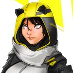  1girl animal_hood apex_legends black_hair cat_hood grey_jacket grey_scarf hair_between_eyes highres hood hood_up jacket looking_up noush official_alternate_costume parted_lips portrait scarf solo twitter_username void_prowler_wraith wraith_(apex_legends) 