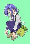  1boy blue_pants brown_footwear green_eyes highres james_(pokemon) macchiromomomo male_focus naranja_academy_school_uniform necktie pants pokemon pokemon_(anime) pokemon_(creature) pokemon_sv purple_hair school_uniform sleeping sleepy smoliv squatting suspenders 