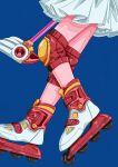  1girl absurdres blue_background cardcaptor_sakura feet foot_focus fuuin_no_tsue highres inline_skates kinomoto_sakura kisumi_rei knee_pads pleated_skirt roller_skates simple_background skates skirt solo wand white_skirt 