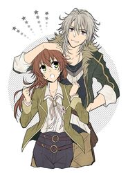  1boy 1girl breasts brown_hair crow_armbrust eiyuu_densetsu fur_collar fur_trim green_eyes hand_on_another&#039;s_head height_difference highres jacket jewelry kai_no_kiseki kuro_no_kiseki_(series) long_hair looking_at_viewer mullet necktie open_clothes open_jacket pendant red_eyes satsuki_(chaosmode) simple_background sleeves_rolled_up small_breasts smile star_(symbol) towa_herschel white_background white_hair 