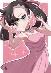  1girl absurdres asymmetrical_bangs black_hair blush closed_mouth dress earrings green_eyes hair_ribbon highres jewelry looking_at_viewer marnie_(pokemon) pink_dress pokemon pokemon_swsh red_ribbon ribbon rono_(lethys) sleeveless smile solo twintails 