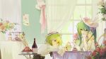  2girls absurdres acr_(dash) antique_phone black_ribbon bottle cake cake_stand clock commentary_request cup curtains day dress elbow_gloves elbow_rest flower food fork frilled_sleeves frills gloves green_eyes green_hair gumi hair_between_eyes hat hat_flower hat_ribbon hatsune_miku head_rest highres holding holding_cup indoors long_hair long_sleeves looking_at_viewer multiple_girls neck_ribbon pink_flower red_flower ribbon shirt short_hair sitting smile table twintails vase vocaloid white_dress white_gloves white_hat white_shirt window wine_bottle 