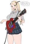  1girl amano_don aqua_eyes blonde_hair blue_skirt blush breasts collared_shirt commentary cowboy_shot dress_shirt electric_guitar fang grey_shirt guitar hair_intakes holding holding_guitar holding_instrument holding_plectrum instrument jewelry large_breasts long_hair looking_at_viewer miniskirt multicolored_hair nail_polish open_mouth original parted_bangs plaid plaid_skirt pleated_skirt plectrum ring shirt shirt_tucked_in sidelocks simple_background skin_fang skirt smile solo speech_bubble standing streaked_hair translated twintails two-tone_hair white_background white_hair white_nails wing_collar wristband 