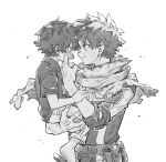  2boys aged_down belt bodysuit boku_no_hero_academia carrying carrying_person child closed_mouth collared_shirt commentary_request dual_persona fingernails freckles greyscale looking_at_another male_focus midoriya_izuku monochrome multiple_boys pocket roho_rkgk scarf shirt short_hair short_sleeves shorts simple_background slippers smile spiky_hair standing superhero_costume t-shirt tearing_up torn_clothes torn_scarf 