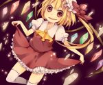  1girl ascot clothes_lift cowboy_shot crystal_wings dress flandre_scarlet frilled_dress frills hat hat_ribbon looking_at_viewer mata open_mouth red_background red_eyes red_ribbon ribbon simple_background skirt skirt_lift smile solo touhou white_mob_cap yellow_ascot 