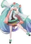  1girl absurdres aqua_eyes aqua_hair blue_hair commentary detached_sleeves dress flower flower-trimmed_dress flower_underskirt frilled_sleeves frills gradient_hair hair_flower hair_ornament hatsune_miku highres long_hair magical_mirai_(vocaloid) magical_mirai_miku magical_mirai_miku_(2021) mishio_(misio_40) multicolored_hair outstretched_arms rainbow_order simple_background sleeveless sleeveless_dress smile solo standing standing_on_one_leg twintails very_long_hair vocaloid white_background wide_sleeves 