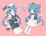  1girl :d animal_ears animal_hat barefoot blue_eyes blue_hair blue_pants blunt_bangs blush blush_stickers boots cat_ears cat_girl cat_hat cat_tail chizunyanko closed_mouth collar fang full_body hair_ornament hairclip hat heart highres jacket jumpsuit long_hair long_sleeves looking_at_viewer low_twintails multiple_views name_tag open_mouth original pants paw_shoes pink_background scarf shirt short_sleeves sidelocks simple_background smile sparkle tail twintails very_long_hair white_footwear white_scarf white_shirt 