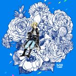  1boy ascot black_coat blonde_hair blue_footwear blue_pants character_request closed_mouth coat curly_hair dated hat itowo_(itowc) male_focus one_piece pants sabo_(one_piece) top_hat unworn_hat unworn_headwear white_ascot 