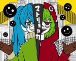  1girl 2girls aqua_eyes aqua_hair brown_gloves building facial_mark flat_color gamijin4012 gloves green_eyes green_hair green_sweater gumi hatsune_miku highres hood hoodie long_hair matryoshka_(vocaloid) multicolored_eyes multiple_girls open_mouth red_eyes red_hoodie signature smile smiley_face split_theme sweater tongue twintails twitter_username vocaloid yellow_eyes zipper 
