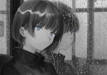  1boy against_window bishounen black_hair black_shirt blue_eyes blunt_bangs bus closed_mouth dm_owr expressionless from_side greyscale highres male_focus medium_hair monochrome motor_vehicle original rain reflection shirt sitting solo turtleneck water_drop window 