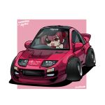  1girl absurdres black_hat blush border car chibi commission driving english_commentary eyepatch hair_behind_ear highres holeecrab hololive houshou_marine long_hair looking_to_the_side motor_vehicle nissan nissan_300zx nissan_300zx_(z32) nissan_fairlady_z one_eye_covered outside_border red_eyes redhead shadow simple_background smile solo sports_car stance_(vehicle) twintails twitter_username vehicle_focus virtual_youtuber white_border 