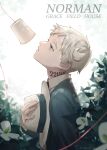  1boy absurdres artist_name black_suit blue_eyes bush character_name collared_shirt cup disposable_cup facing_to_the_side flower hat highres holding holding_clothes holding_hat looking_up neck_tattoo norman_(yakusoku_no_neverland) number_tattoo parted_lips red_tie shirane_rine shirt short_hair solo standing string suit tattoo unworn_hat unworn_headwear white_flower white_hair white_shirt yakusoku_no_neverland 