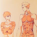  2boys archer_(fate) bad_id bad_pixiv_id closed_mouth crossed_arms dual_persona emiya_shirou fate/stay_night fate_(series) hair_slicked_back long_sleeves looking_at_another looking_to_the_side male_focus multiple_boys muscular pants redhead shirt sleeveless taa_(acid) traditional_media v-shaped_eyebrows white_shirt 