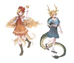  2girls absurdres antlers bird bird_tail bird_wings black_footwear blonde_hair blue_dress blue_skirt boots brown_footwear chick commentary_request dragon_girl dragon_horns dragon_tail dress feathered_wings grin hand_on_own_hip highres horns kicchou_yachie long_skirt mary_janes midriff momijigari multicolored_hair multiple_girls navel neckerchief niwatari_kutaka orange_dress red_eyes red_neckerchief redhead shirt shoes short_sleeves simple_background skirt smile socks tail touhou turtle_shell two-tone_hair white_background white_shirt white_socks wily_beast_and_weakest_creature wings yellow_horns yellow_wings 