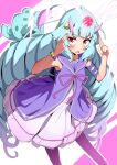  1girl blue_hair blush delmin_(show_by_rock!!) dress drill_hair flower hair_flower hair_ornament highres horns light_blue_hair long_hair looking_at_viewer open_mouth pink_horns red_eyes show_by_rock!! solo tottotonero twin_drills very_long_hair 